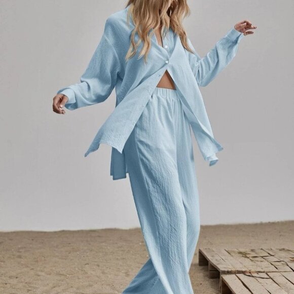BLUE BUTTON DOWN SLIT HEM BLOUSE AND WIDE LEG PANTS TEXTURED SUMMER STREETWEAR - Picture 1 of 9